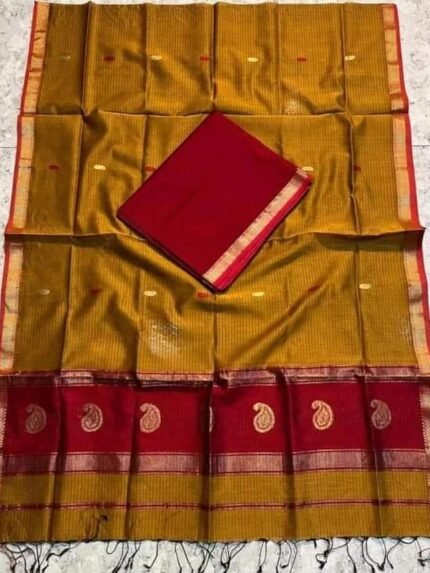 Reno Sand Maheshwari Cotton Silk Saree with Blouse Piece - Yellowish Orange