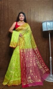 Avocado Green Soft Copper Joriwork Dhakai Jamdani Saree