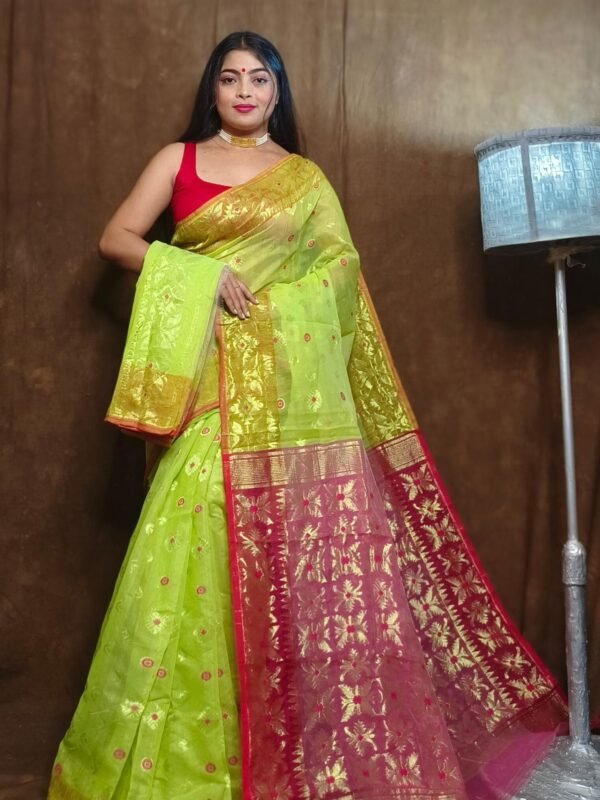 Avocado Green Soft Copper Joriwork Dhakai Jamdani Saree