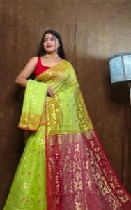 Avocado Green Soft Copper Joriwork Dhakai Jamdani Saree