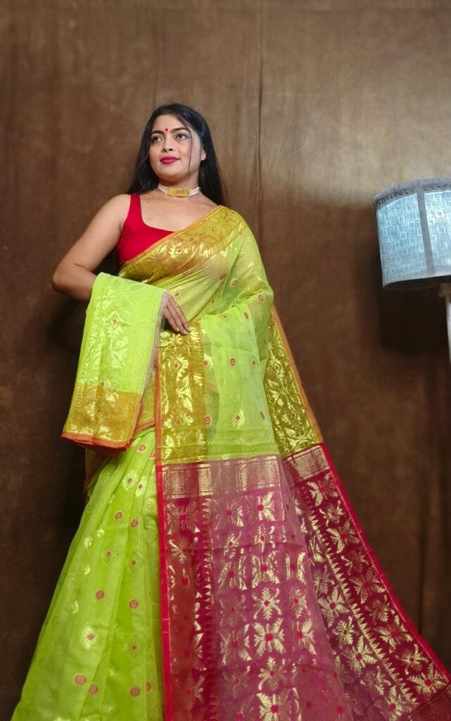 Avocado Green Soft Copper Joriwork Dhakai Jamdani Saree