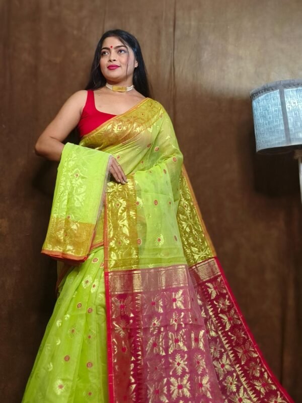 Avocado Green Soft Copper Joriwork Dhakai Jamdani Saree