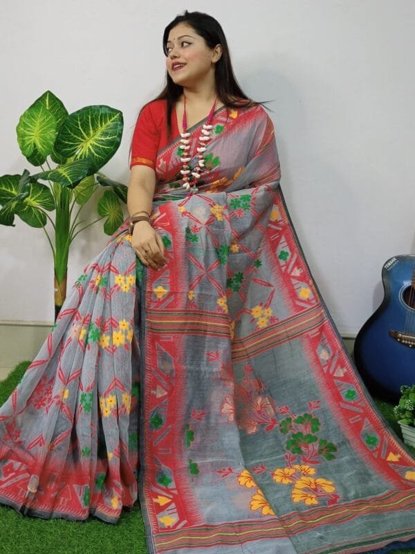 Dusty Grey Lota Cross Jamdani Sari