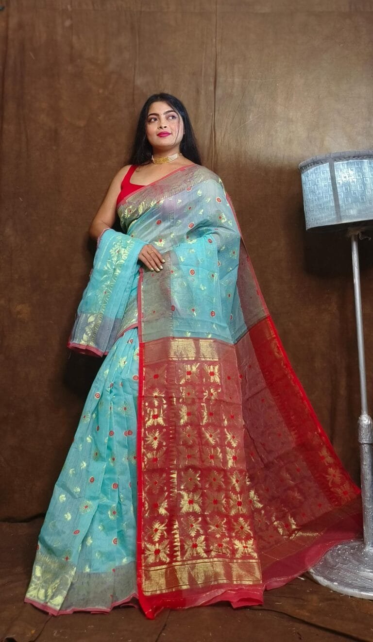 Fountain Blue Soft Copper Joriwork Dhakai Jamdani Saree