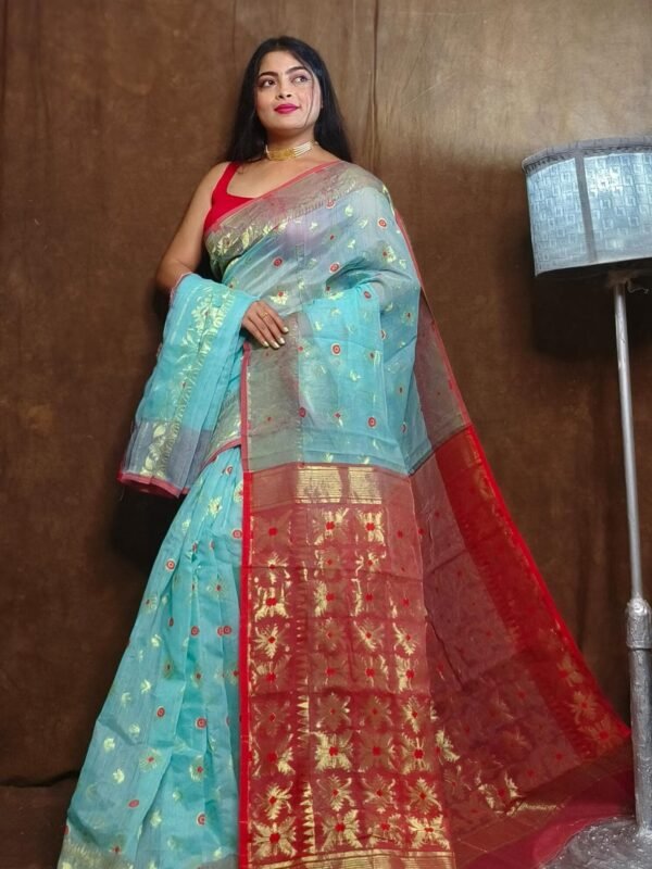 Fountain Blue Soft Copper Joriwork Dhakai Jamdani Saree