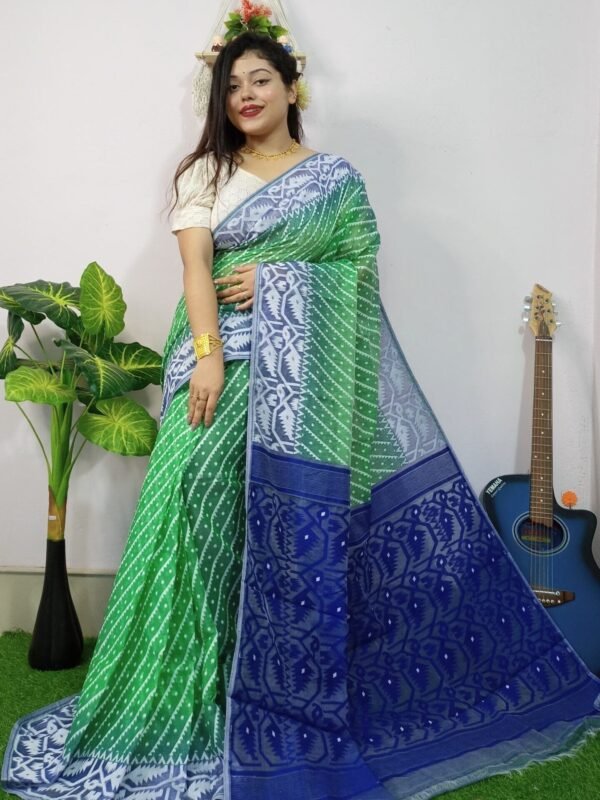Green Soft Dhakai Ikkat Korat Jamdani Saree