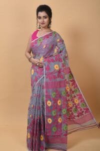 Exclusive Gray Flower Soft Jamdani Saree