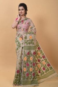 Exclusive Cream Flower Soft Jamdani Saree