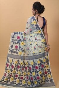 Exclusive Cream Blue Flower Soft Jamdani Saree - Image 2