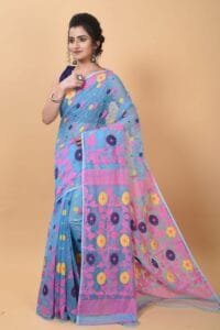 Exclusive Sky Blue Flower Soft Jamdani Saree