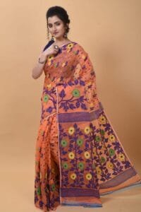 Exclusive Orange Flower Soft Jamdani Saree