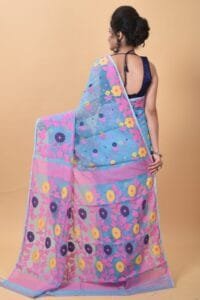 Exclusive Sky Blue Flower Soft Jamdani Saree - Image 2