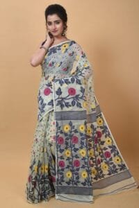 Exclusive Cream Blue Flower Soft Jamdani Saree