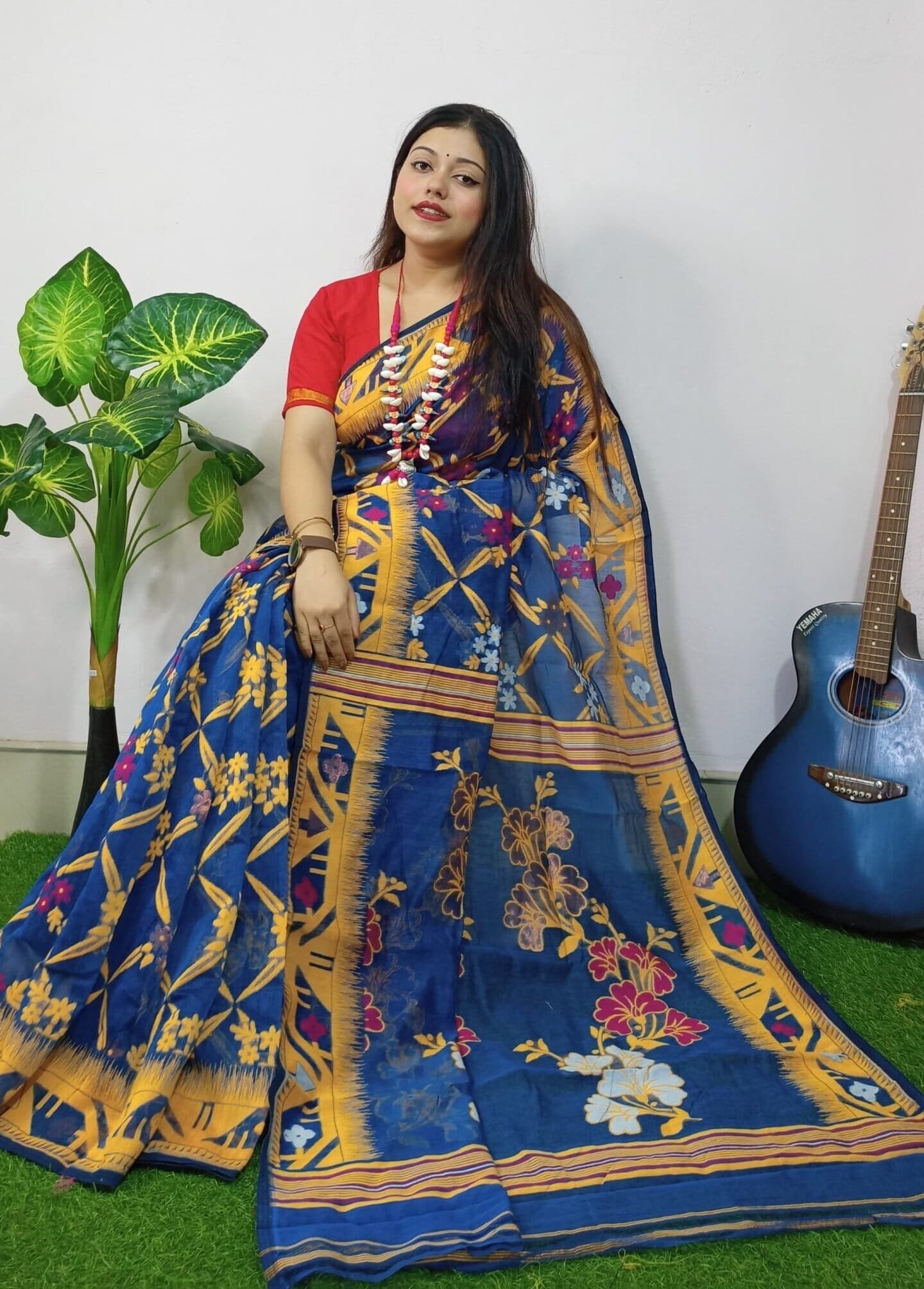 Nile Blue Lota Cross Jamdani Sari 1 Nile Blue Lota Cross Jamdani Sari