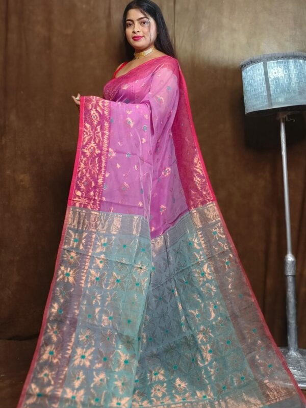 Purplish Pink Soft Copper Joriwork Dhakai Jamdani Saree