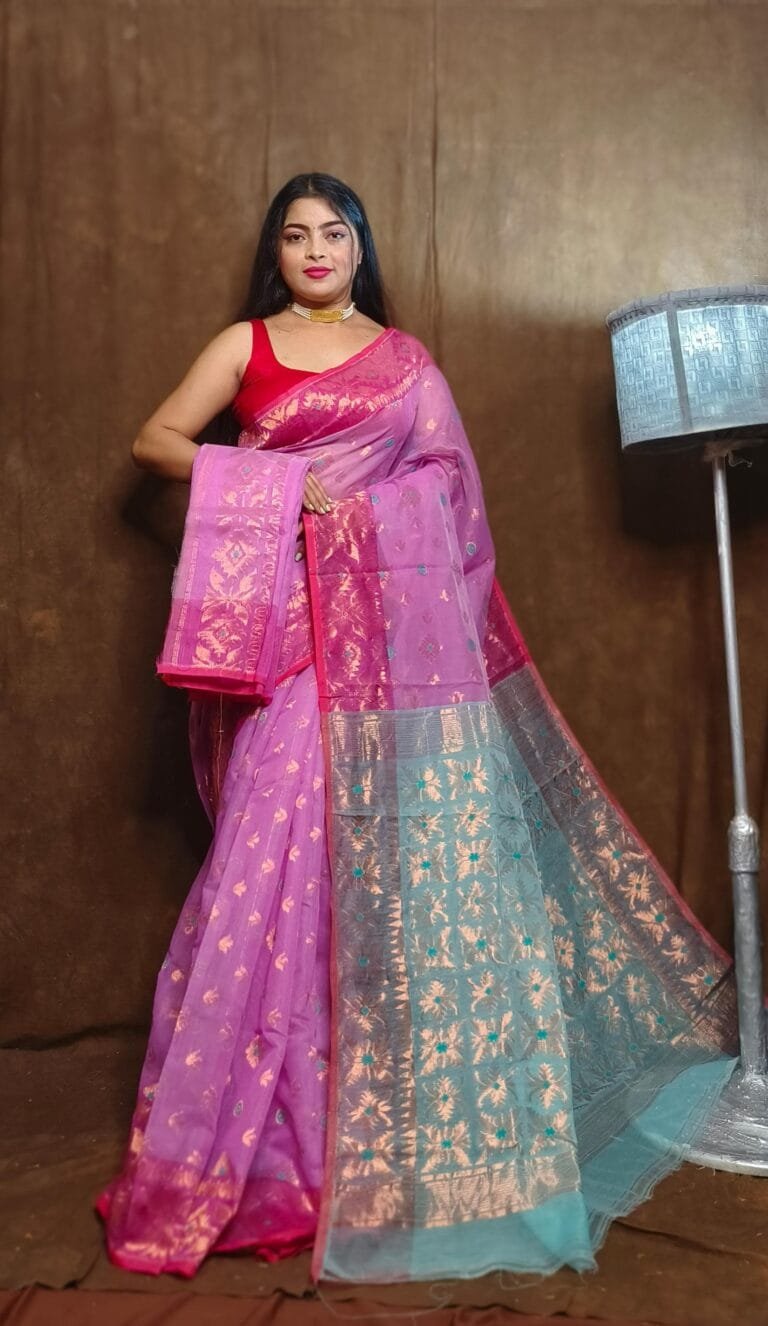 Purplish Pink Soft Copper Joriwork Dhakai Jamdani Saree