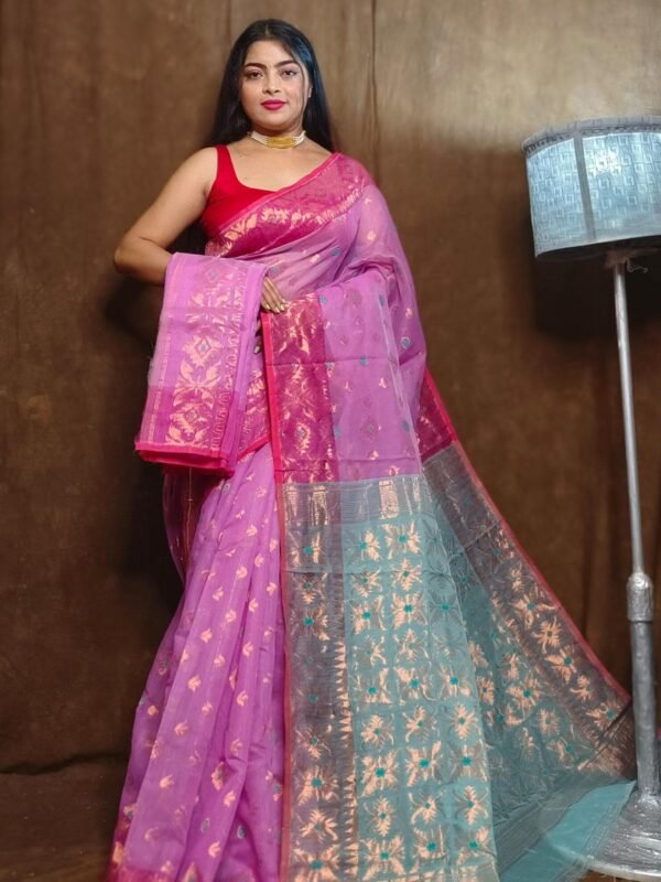 Purplish Pink Soft Copper Joriwork Dhakai Jamdani Saree
