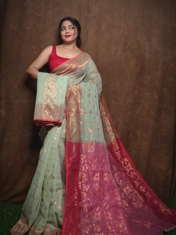Sage Green Soft Copper Joriwork Dhakai Jamdani Saree