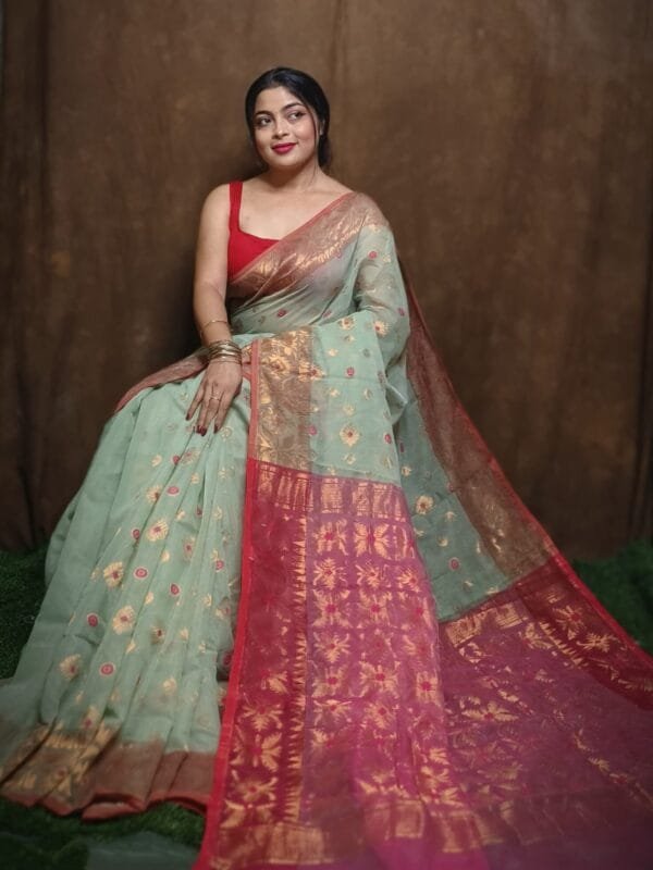 Sage Green Soft Copper Joriwork Dhakai Jamdani Saree
