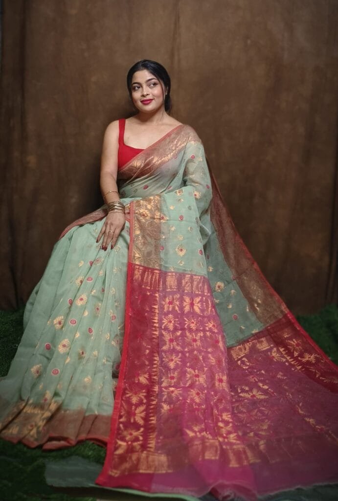 Sage Green Soft Copper Joriwork Dhakai Jamdani Saree