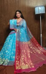 Sky Blue Soft Copper Joriwork Dhakai Jamdani Saree