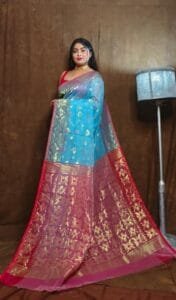 Sky Blue Soft Copper Joriwork Dhakai Jamdani Saree
