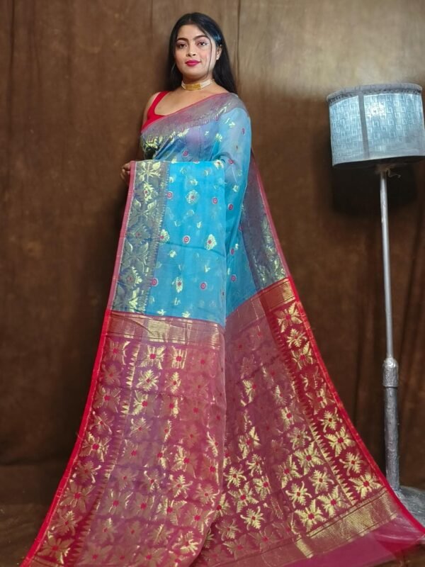 Sky Blue Soft Copper Joriwork Dhakai Jamdani Saree