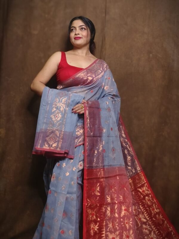 Slate Grey Soft Copper Joriwork Dhakai Jamdani Saree