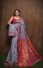 Slate Grey Soft Copper Joriwork Dhakai Jamdani Saree