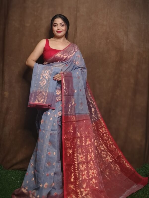 Slate Grey Soft Copper Joriwork Dhakai Jamdani Saree