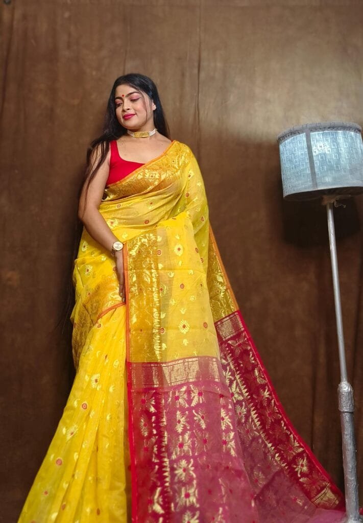 Yellow Soft Copper Joriwork Dhakai Jamdani Saree