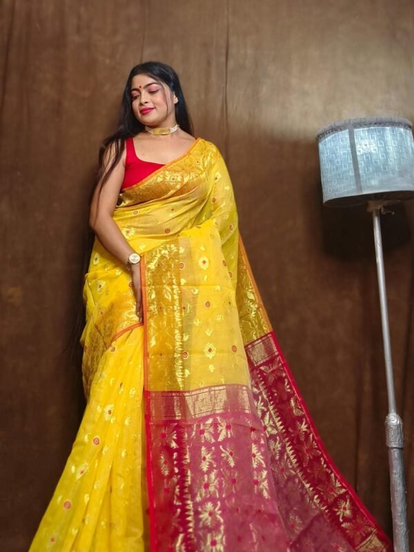 Yellow Soft Copper Joriwork Dhakai Jamdani Saree