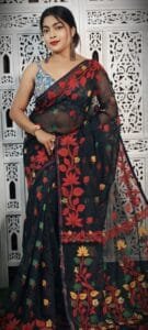 Black Red Soft Lota Jamdani Saree - Image 4