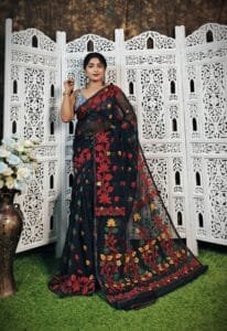 Black Red Soft Lota Jamdani Saree