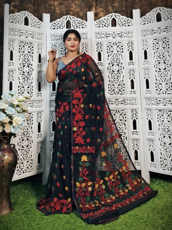Black Red Soft Lota Jamdani Saree