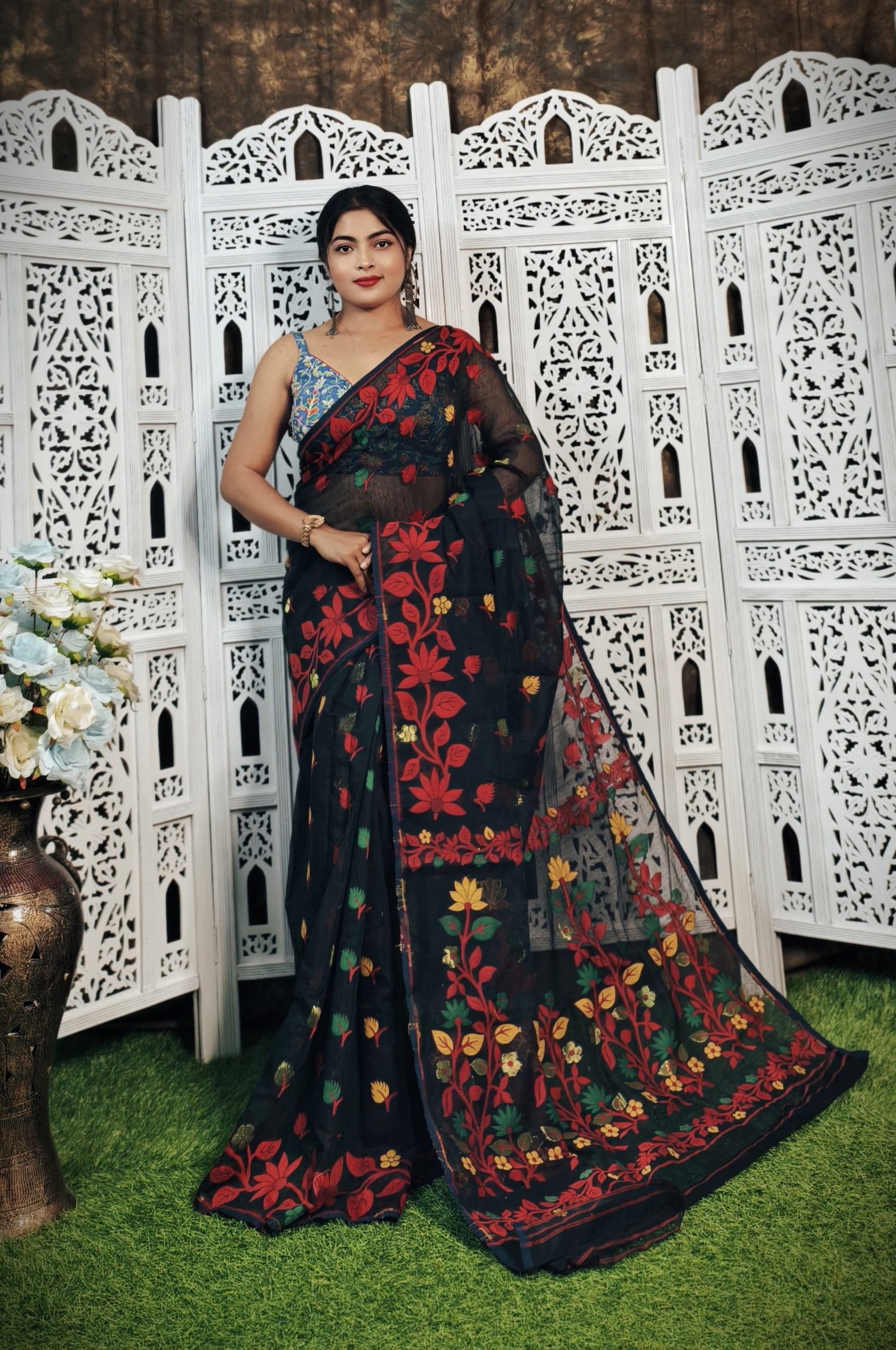 Black Red Soft Lota Jamdani Saree 5 Black Red Soft Lota Jamdani Saree - Image 5