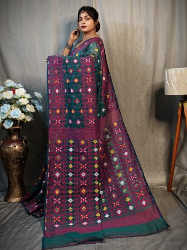 Dark Aqua Soft Dhakai Jamdani Saree