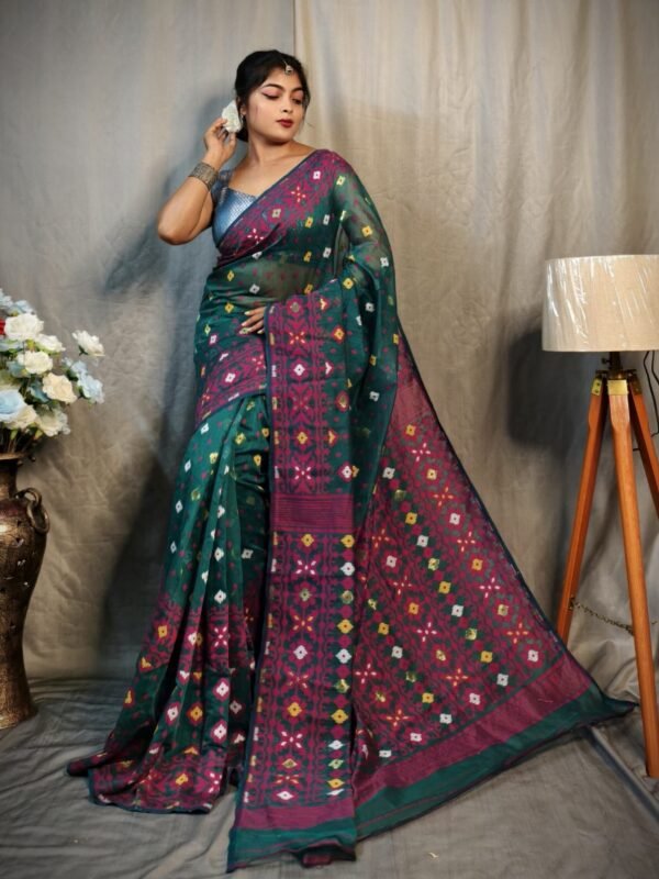 Dark Aqua Soft Dhakai Jamdani Saree