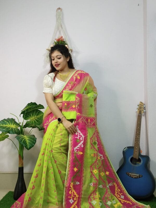 Exclusive Lime Green Ikkot Soft Jamdani Saree