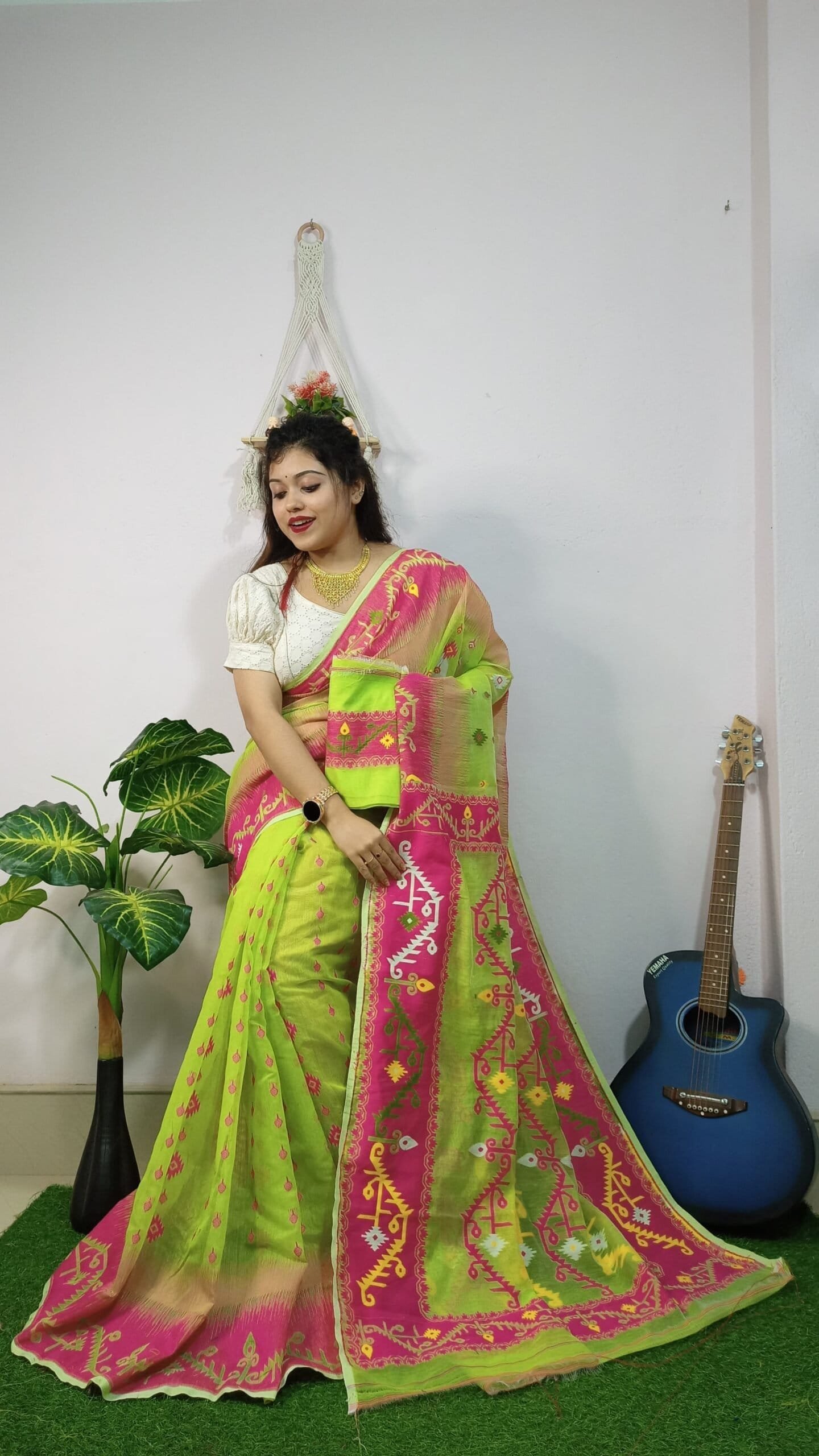 Exclusive Lime Green Ikkot Soft Jamdani Saree 1 Exclusive Lime Green Ikkot Soft Jamdani Saree