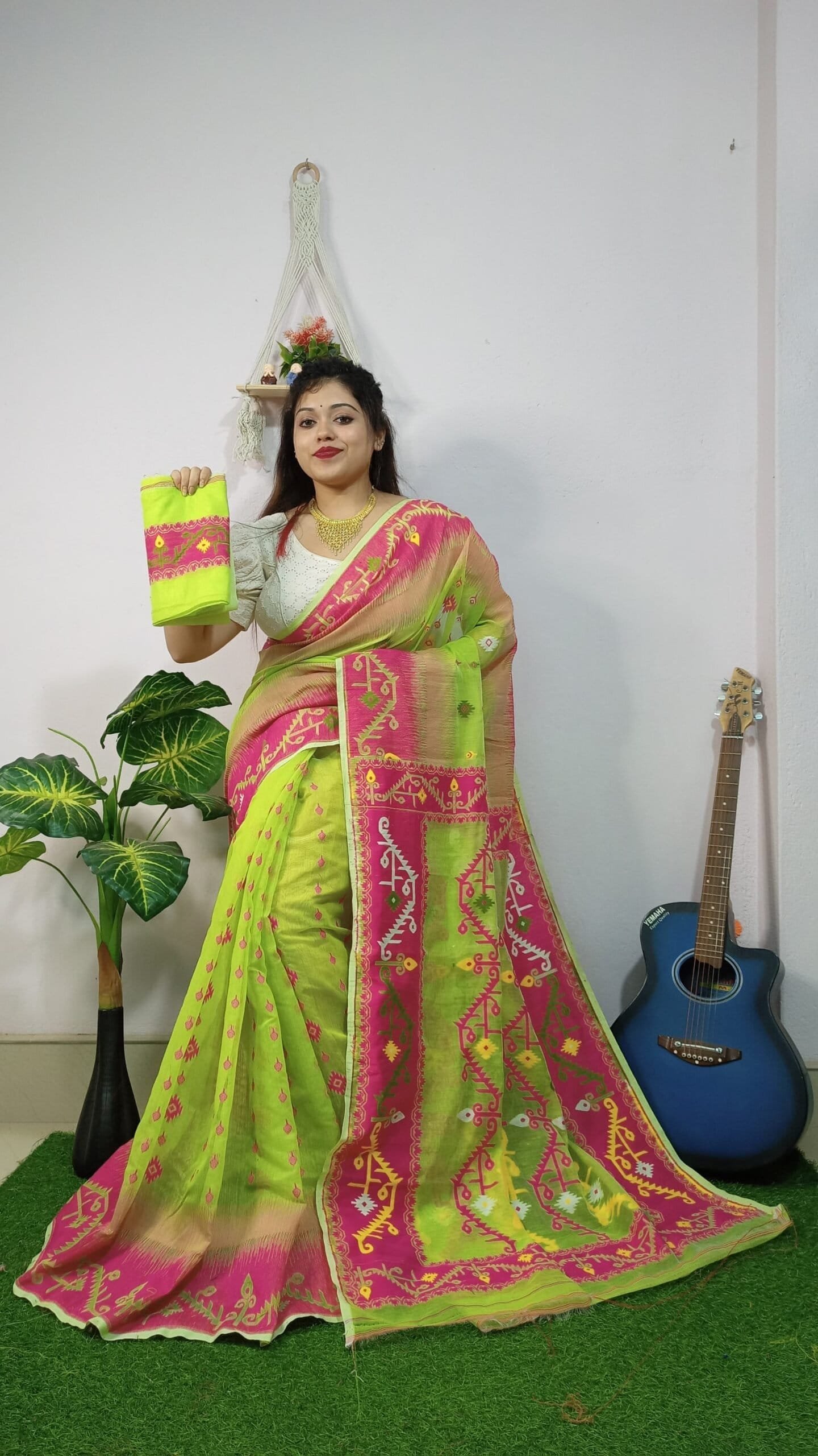 Exclusive Lime Green Ikkot Soft Jamdani Saree 2 Exclusive Lime Green Ikkot Soft Jamdani Saree - Image 2