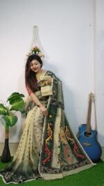 Exclusive Cream Black Ikkot Soft Jamdani Saree