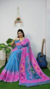 Exclusive Sky Pink Ikkot Soft Jamdani Saree - Image 2