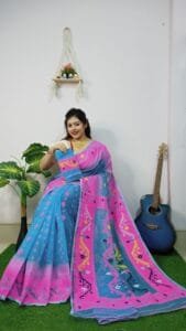 Exclusive Sky Pink Ikkot Soft Jamdani Saree - Image 2