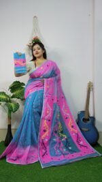 Exclusive Sky Pink Ikkot Soft Jamdani Saree