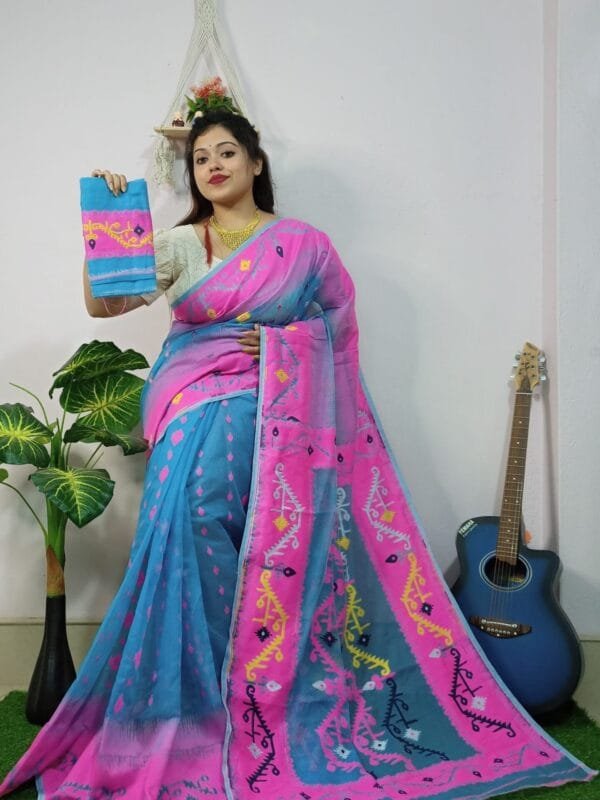 Exclusive Sky Pink Ikkot Soft Jamdani Saree