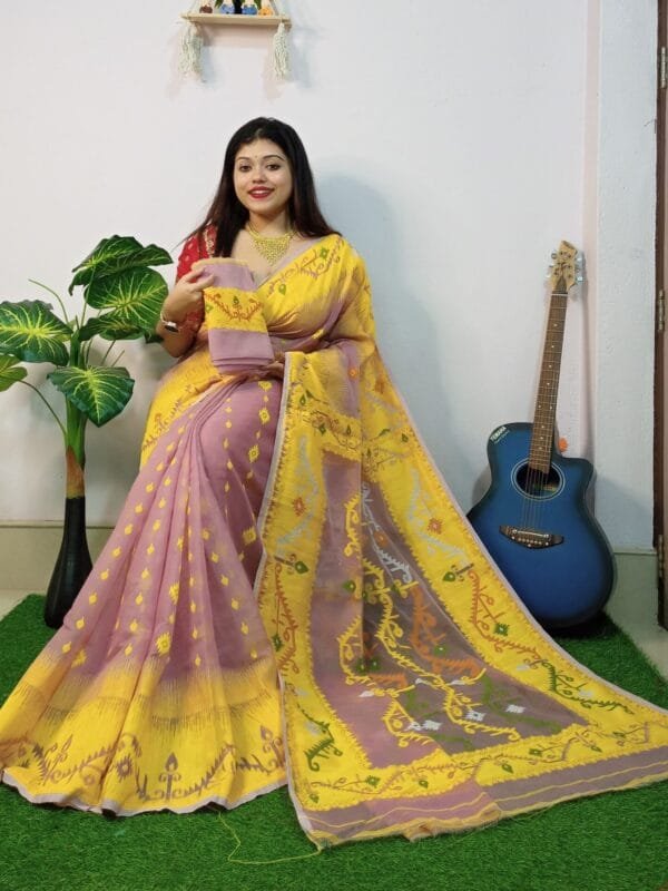 Exclusive Brown Yellow Ikkot Soft Jamdani Saree