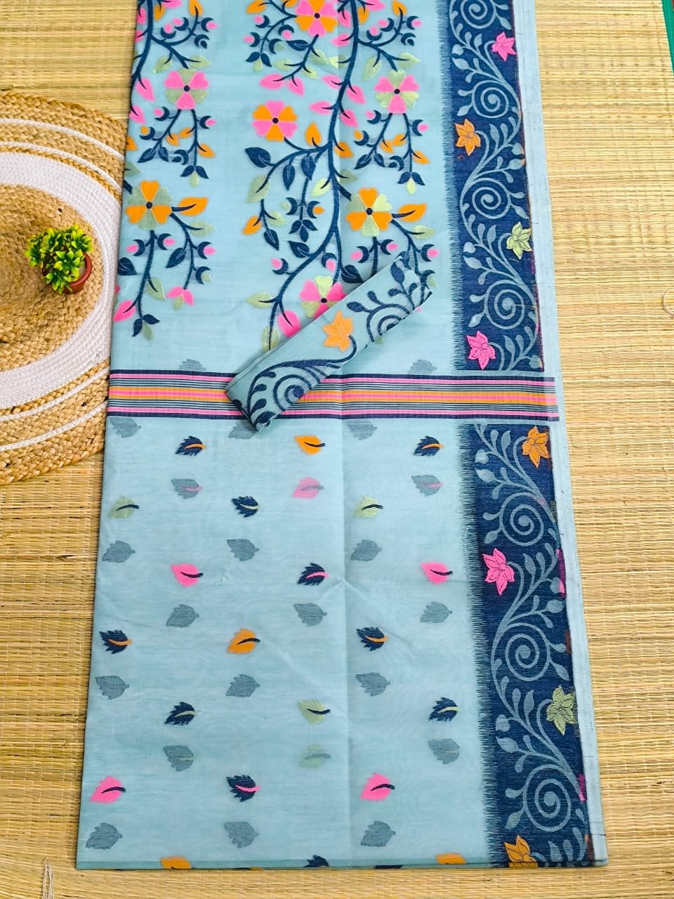 Jeans Blue Soft Dhakai Jamdani Saree 1 Jeans Blue Soft Dhakai Jamdani Saree