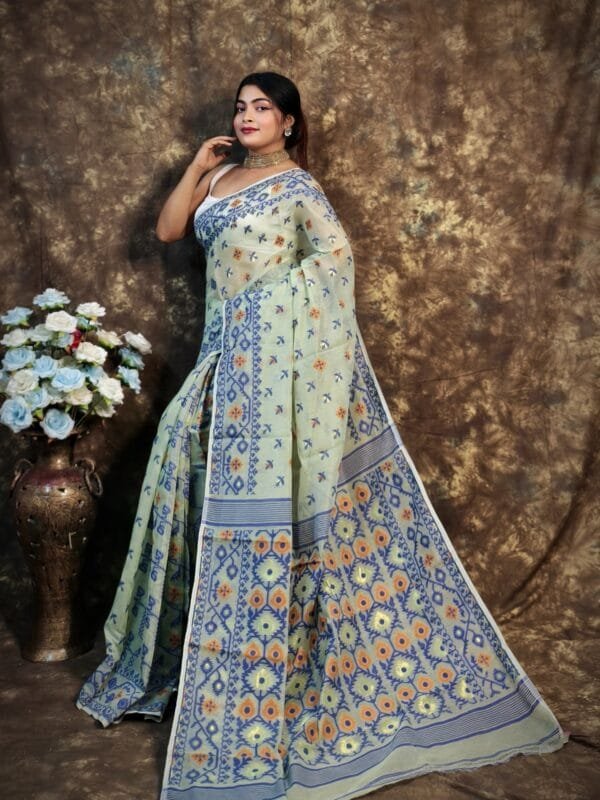 Kusum Koli Allover Greenish Grey Soft Jamdani Saree