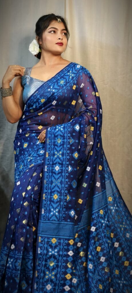 Navy Blue Soft Dhakai Jamdani Saree